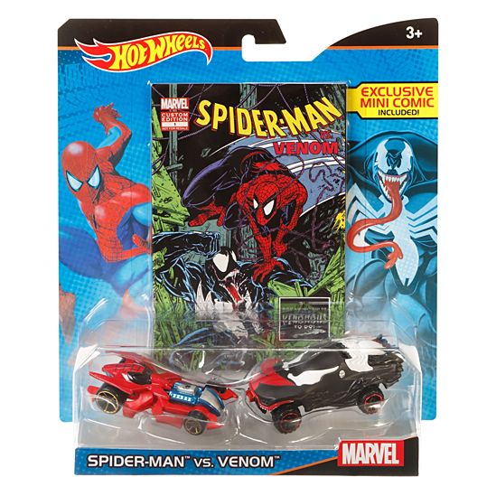Pack de 2 voitures Hot Wheels Marvel Spider-Man vs. Venom avec mini-bande dessinée