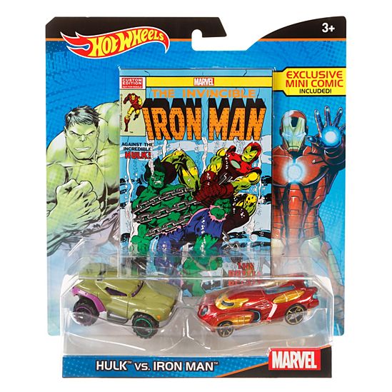Pack de 2 voitures Hot Wheels Marvel Hulk vs Iron Man avec mini-bande dessinée