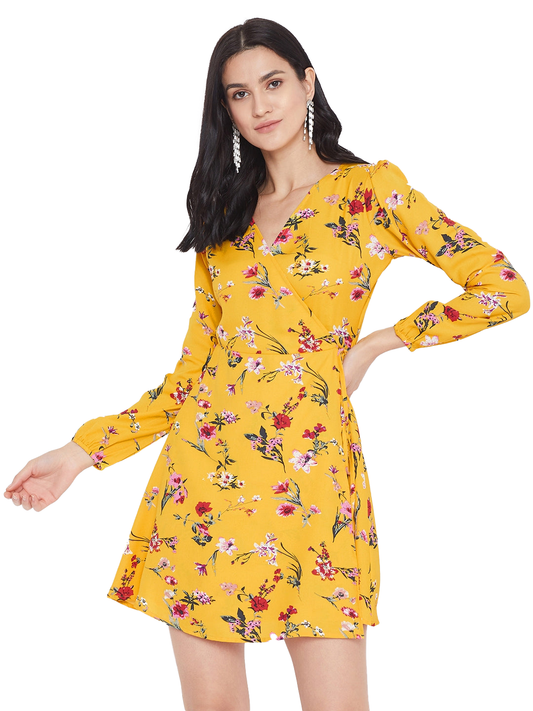 Women Floral Printed A Line Wrap Mini Dress