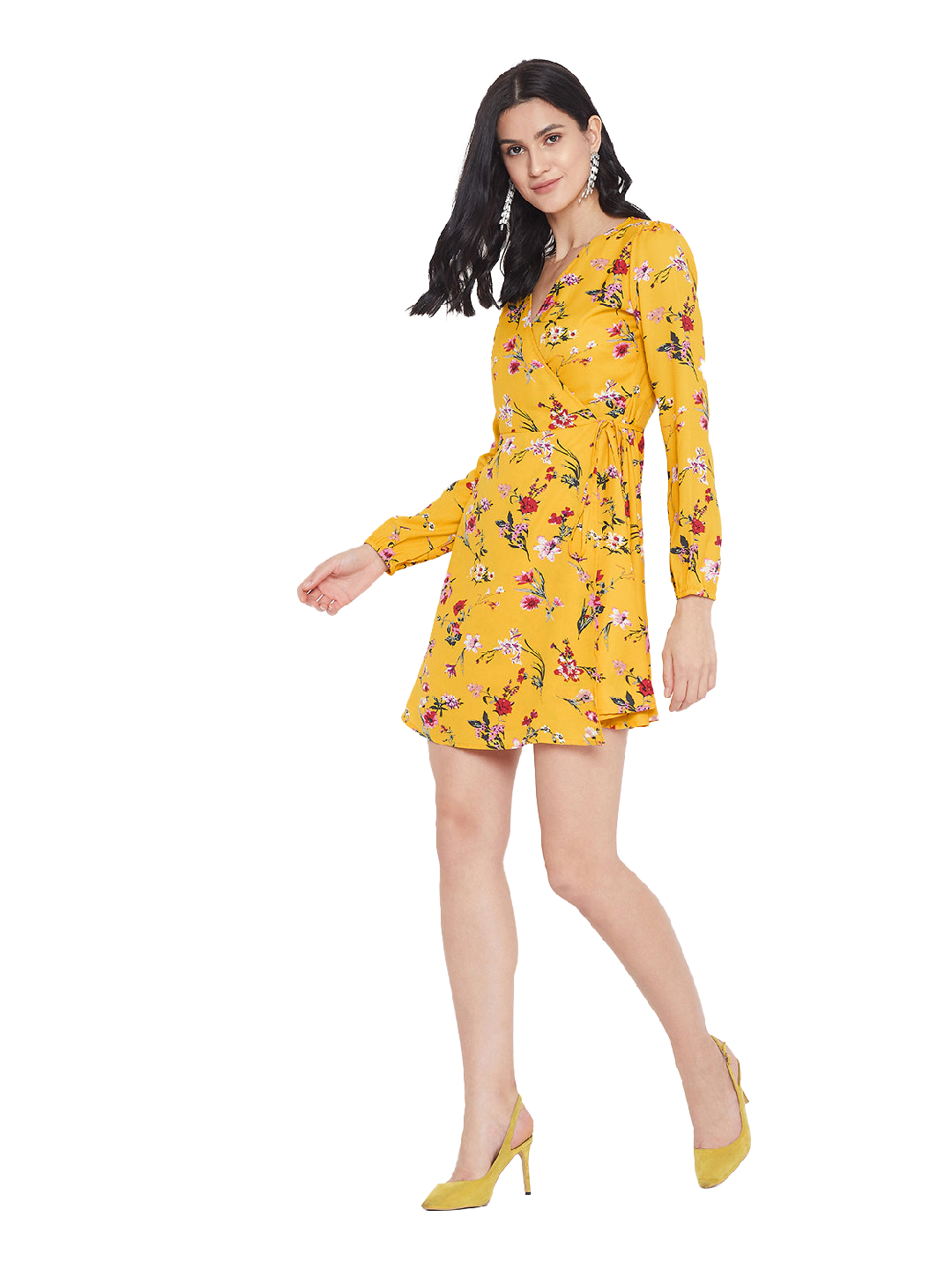 Women Floral Printed A Line Wrap Mini Dress