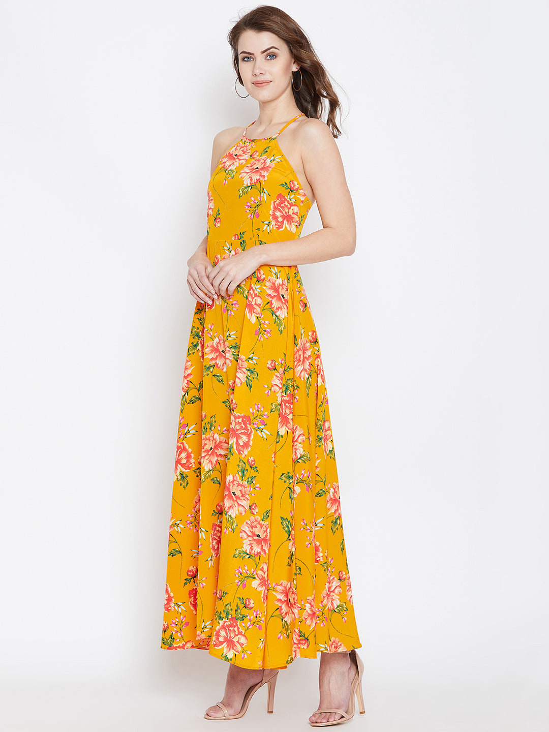 Halter Neck Open Back Flared Maxi Dress