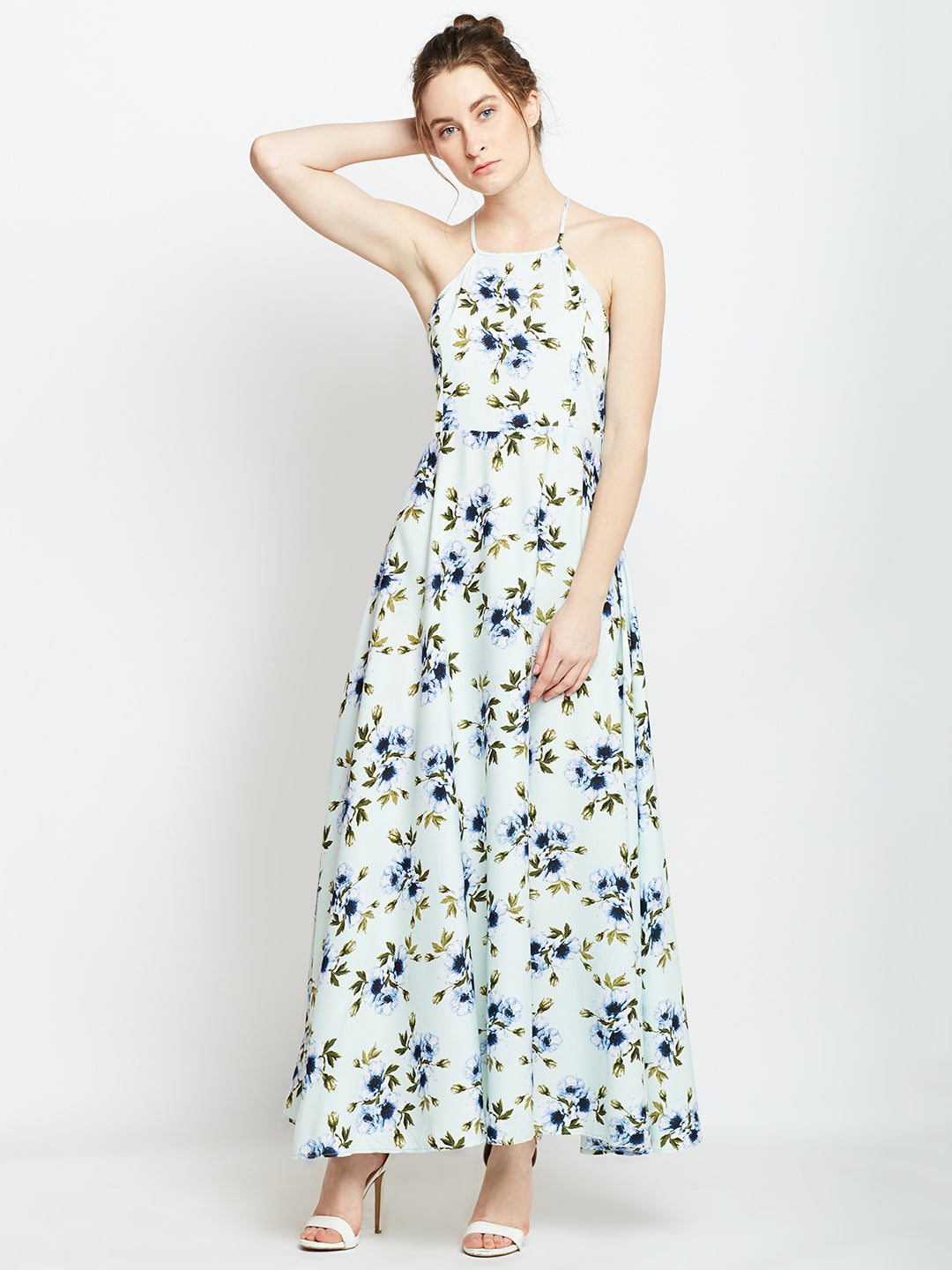 Halter Neck Open Back Flared Maxi Dress