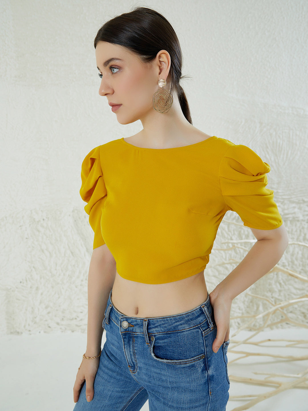 Women Puff Sleeves Styled Back Crop Top