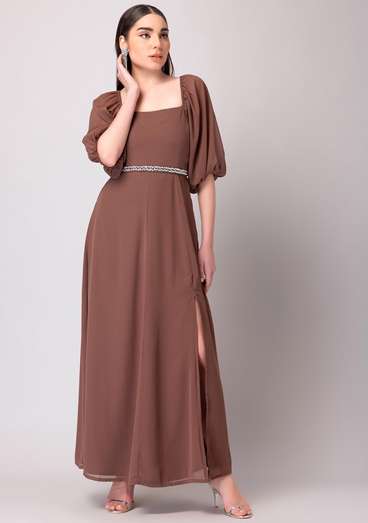 Puff Sleeve Dress with Embellished Belt